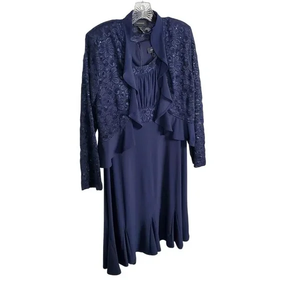 R&M Richards Size 10 Dress Jacket Set Event Formal Floral Lace Sequin Navy NWT - Picture 1 of 16